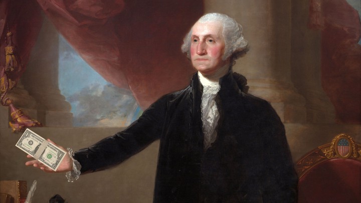 An illustration of George Washington with a dollar bill.
