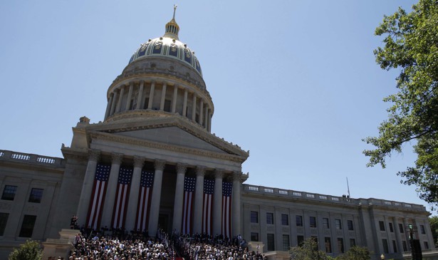 The West Virginia state capitol building, in Charleston. This picture was taken in 2010, at ceremonies for the death of the state's enormously influential long-time senator, Robert Byrd.
