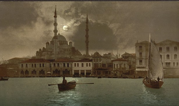 Constantinople at night, in a print from around the turn of the 20th century. The Eastern Roman Empire, based in Constantinople, endured for many centuries after the fall of the Western Empire, in Rome.