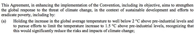 This Agreement, in enhancing the implementation of the Convention, including its objective, aims to strengthen the global response to the threat of climate change, in the context of sustainable development and efforts to eradicate poverty, including by:
(a) Holding the increase in the global average temperature to well below 2 °C above pre-industrial levels and to pursue efforts to limit the temperature increase to 1.5 °C above pre-industrial levels, recognizing that this would significantly reduce the risks and impacts of climate change;