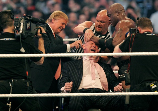 Trump’s constant debating goal is to humiliate a foe. Here, he shaves the head of rival promoter Vince McMahon after Trump’s wrestler defeated McMahon’s in a 2007 WWE bout.