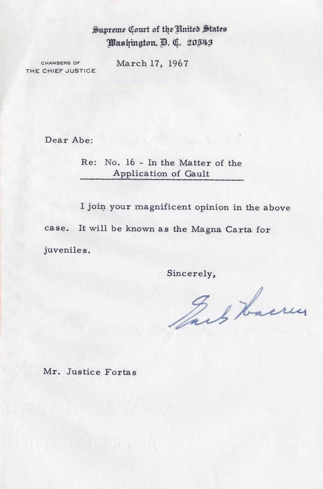A letter on U.S. Supreme Court stationery regarding the Application of Gault from Justice Fortas.