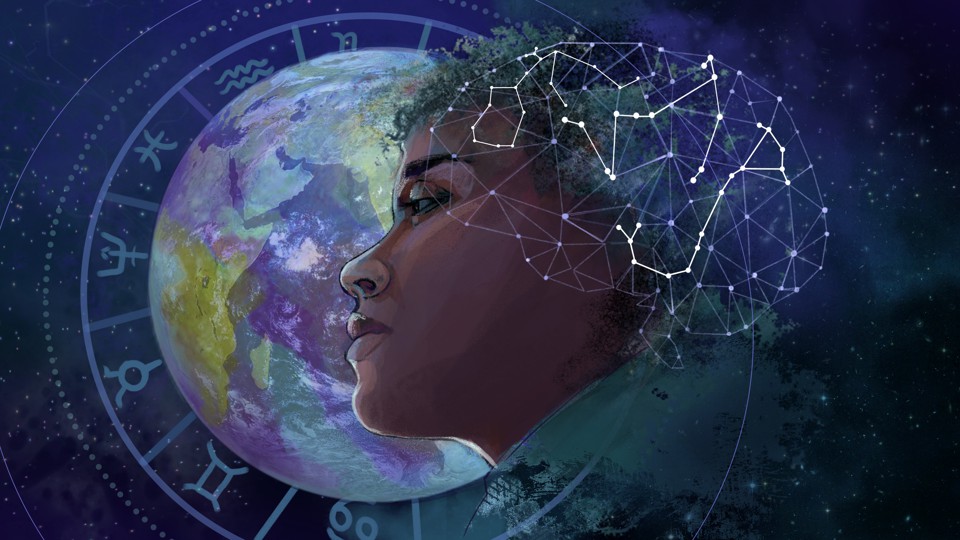 A woman's face hovers over an Earth surrounded by Zodiac signs. A constellation of stars forms the shape of her brain.