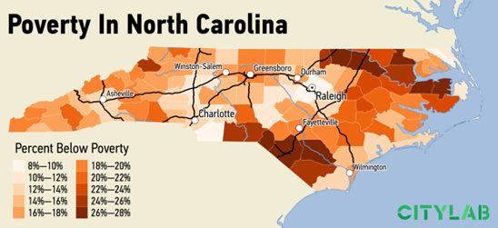 A map shows poverty rates in North Carolina counties.