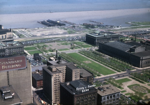 A photo shows Cleveland's Mall from above.
