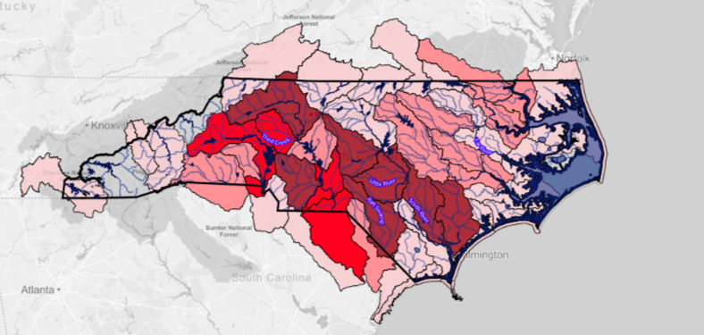 map of North Carolina CAFOs by watersheds