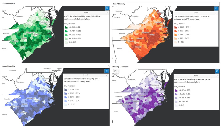 social vulnerability maps for each of four factors