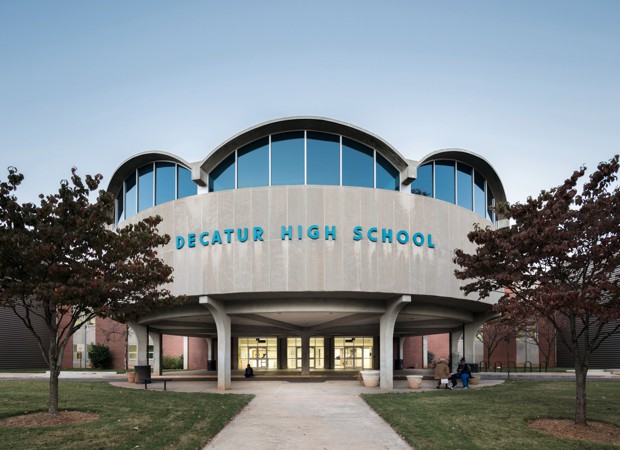 A curvy concrete and glass high school in Decatur, Georgia