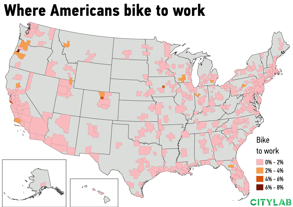 a U.S. metro map of where Americans bike to work