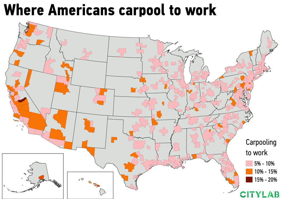 a U.S. metro map of where Americans carpool to work