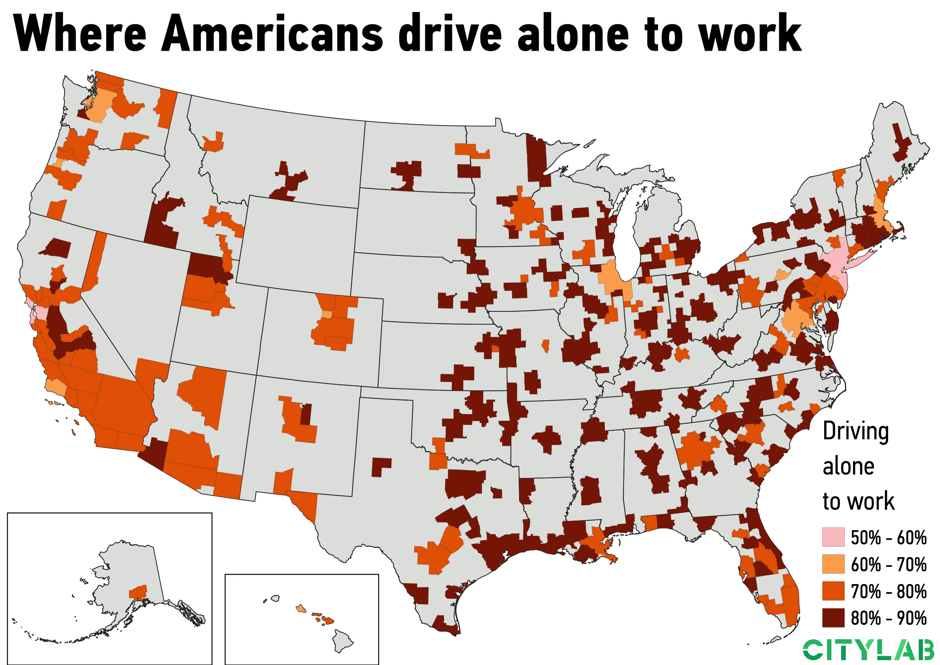 a U.S. metro map of where Americans drive alone to work