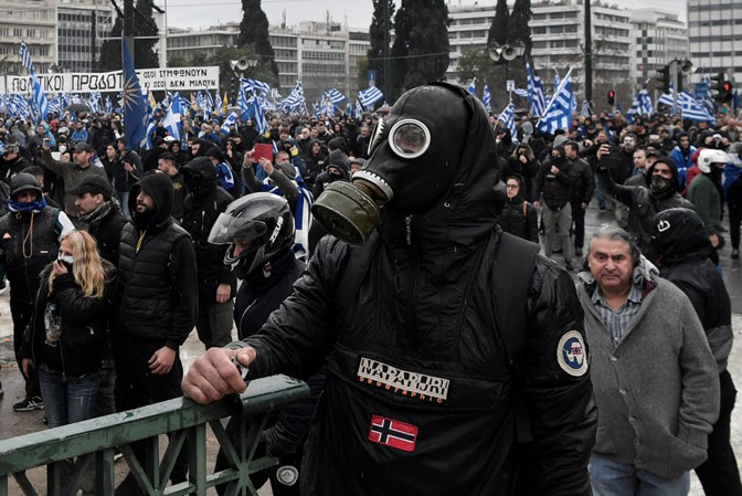 Protesters demonstrate on January 20, 2019 in this city, over a consequential naming dispute with a neighboring country