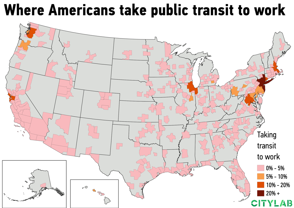 a U.S. metro map of where Americans take public transit to work