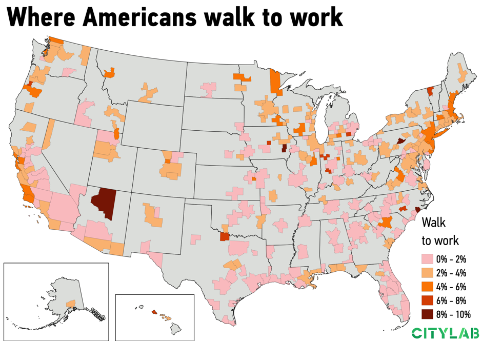 a U.S. metro map of where Americans walk to work