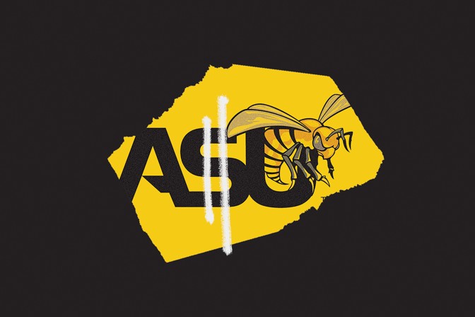 ASU logo with graffiti turning the "S" into a dollar sign.