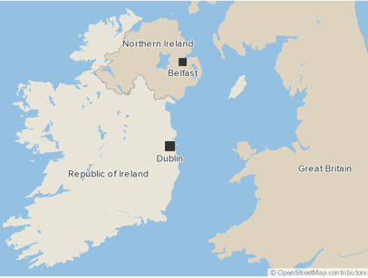 A map of the United Kingdom showing the location of Belfast.