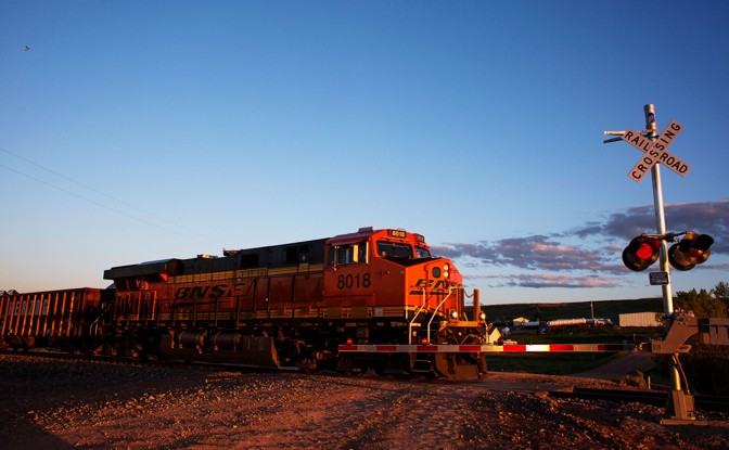 The sun sets over a stretch of the Burlington Northern & Santa Fe Railway west of Gillette, Wyoming, U.S. May 31, 2016. The railroad sees coal traffic from area coal mines. An empty coal train is seen here leaving the city.