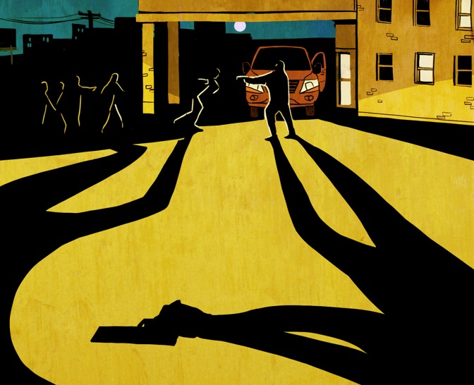 A silhouetted man points a gun at a group of silhouetted people.