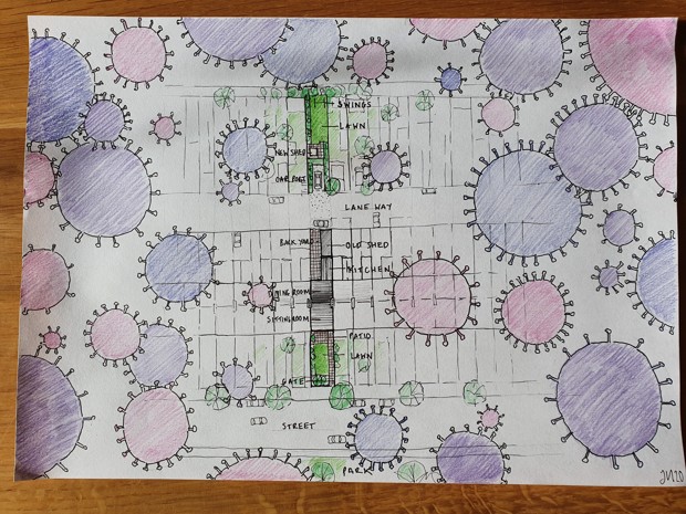 A floorplan of a Northern Ireland home with viruses floating on the border