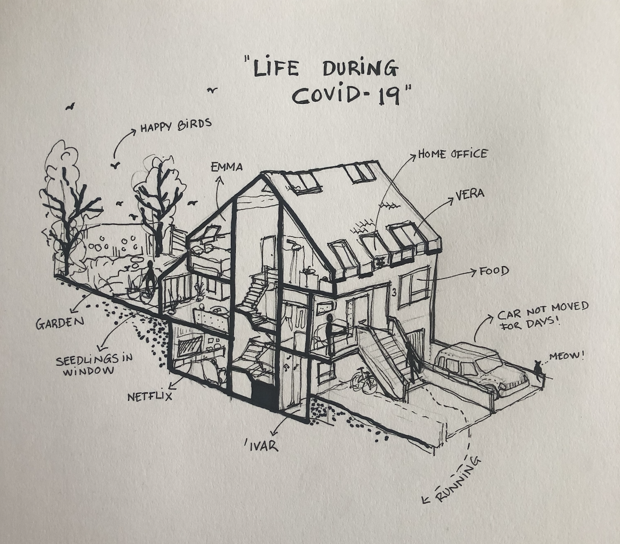 Pen drawing shows cutaway of the author's Iceland home
