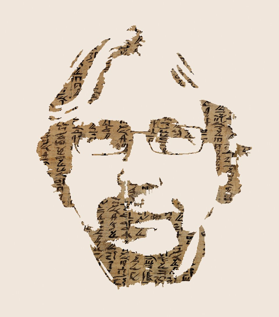 Illustration: Dirk Obbink portrait made of papyrus fragments