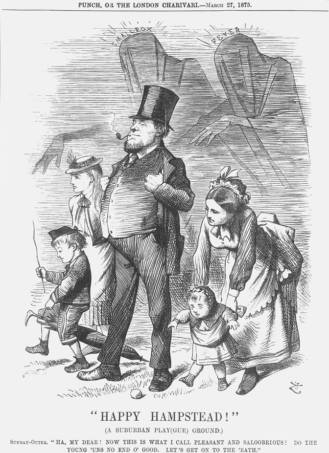 An 1875 cartoon of a family enjoying time outside while smallpox and ...