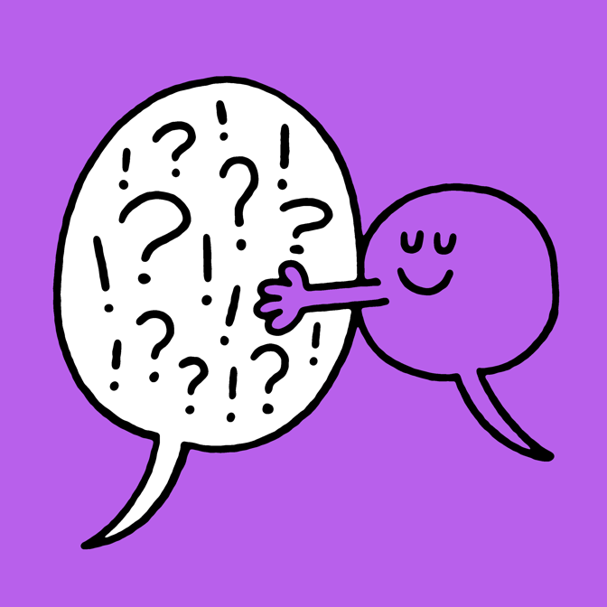 illustration of smiling conversation bubble hugging another conversation bubble filled with !!! and ???