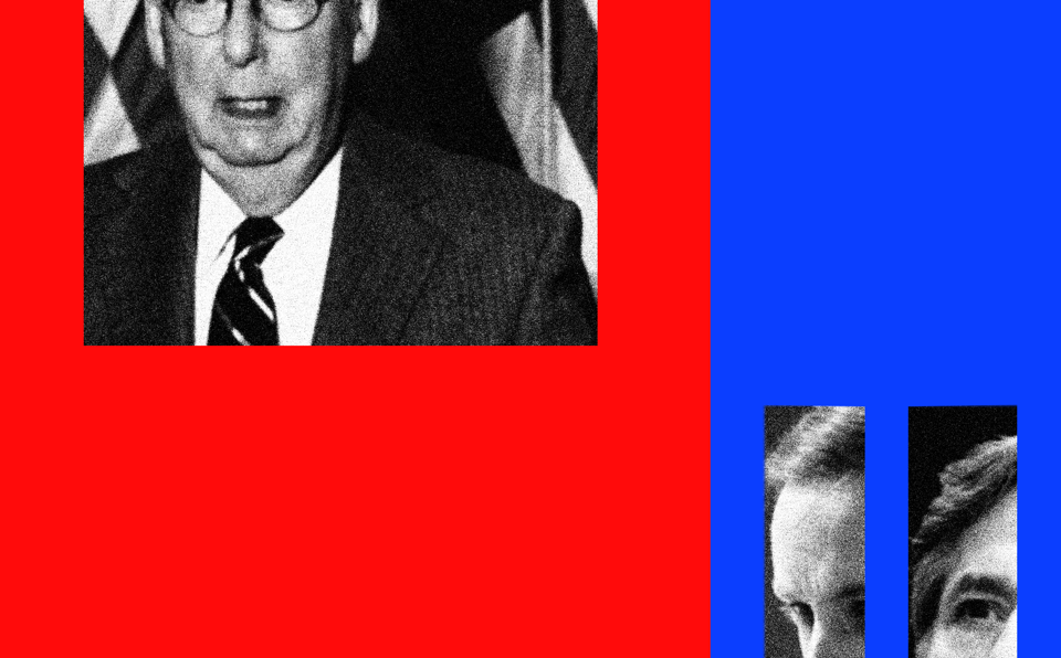 illustration with Mitch McConnell, Jake Sullivan, and Antony Blinken