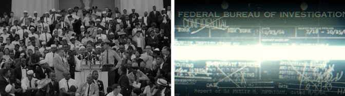 A photo of King giving a speech next to a stylized image of an FBI document