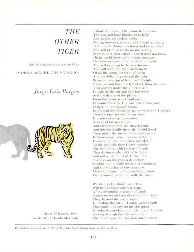 A pdf of the original page of 'The Other Tiger' with an illustration of a tiger and its shadow to the left of the poem
