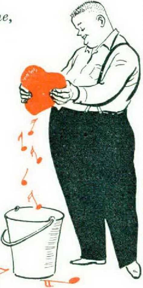 illustration of man squeezing musical notes out of a red heart into a bucket