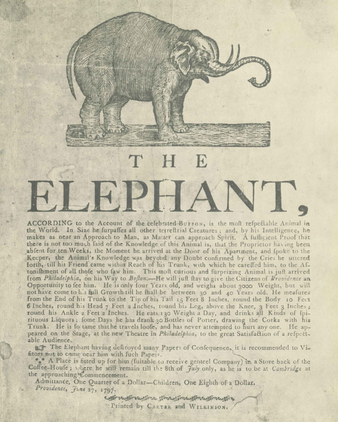 A broadside advertises the first elephant in the United States, 1797