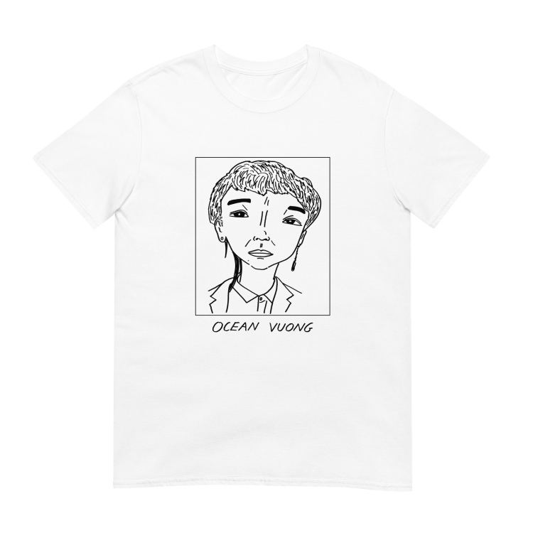 A t-shirt with a drawning of a person on it and the name "Ocean Vuong" below it. 