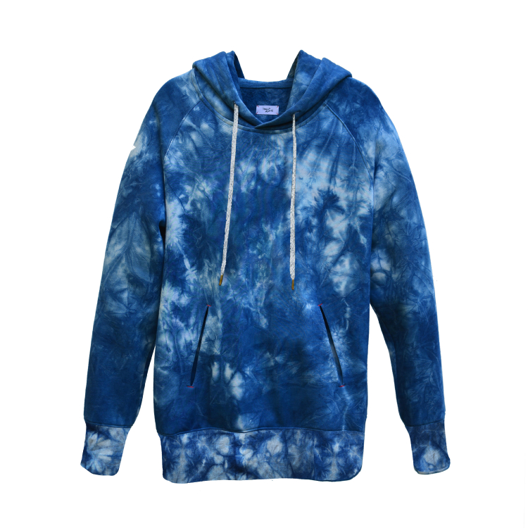 A blue and white tie-dyed hoodie. 