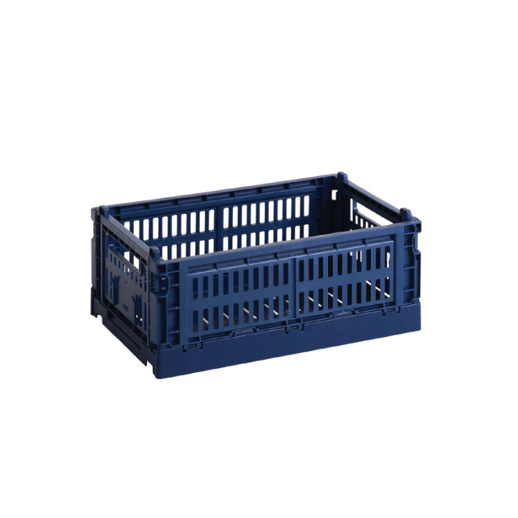A blue storage crate. 