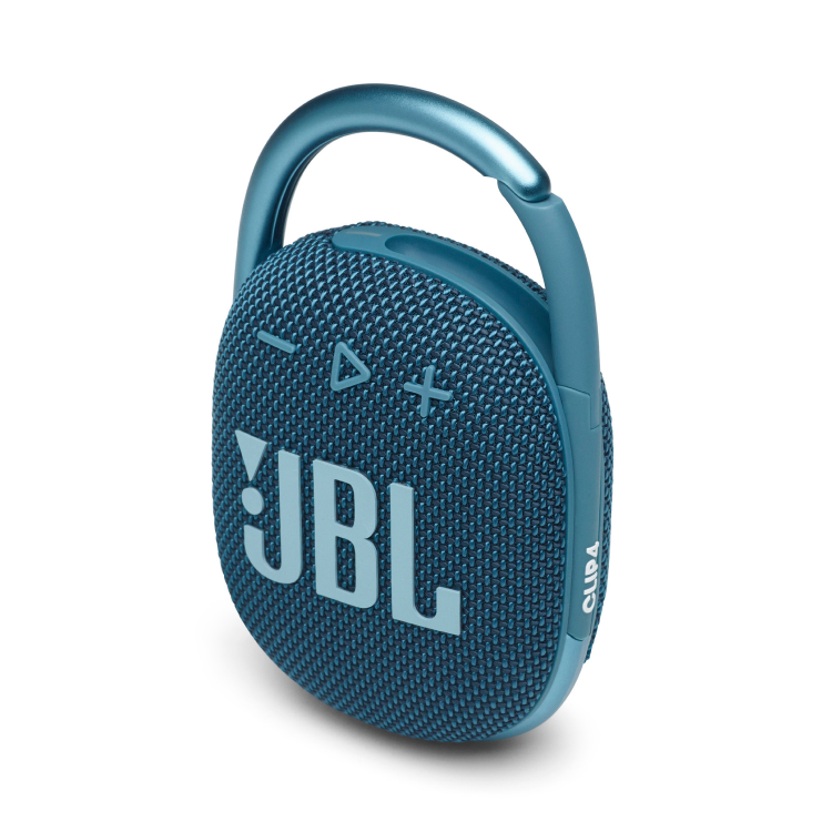 A small blue speaker with a clip at the top, with white "JBL" letters on the front. 
