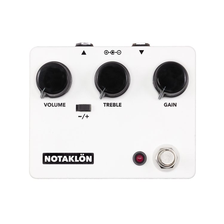 A white NOTAKLÖN guitar pedal. 