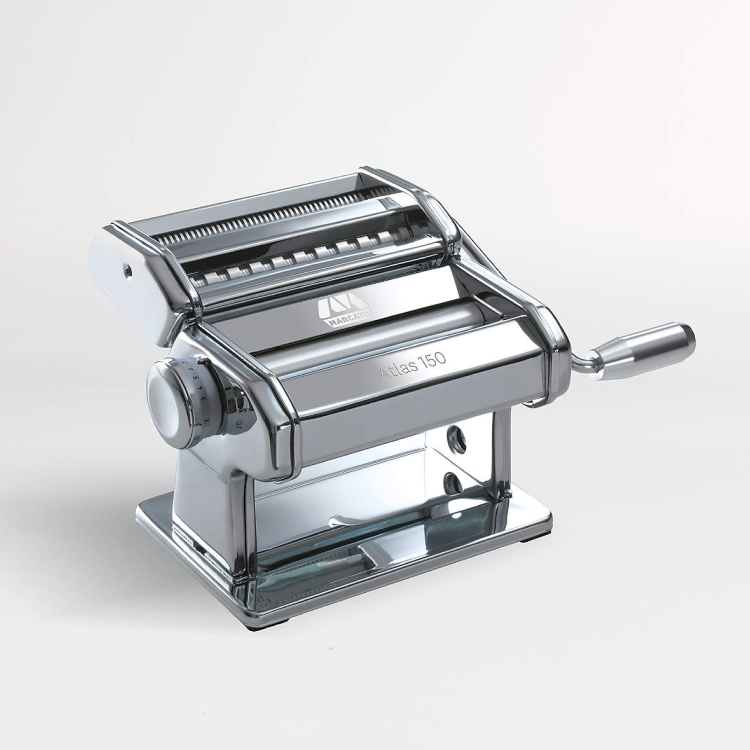 A silver pasta maker. 