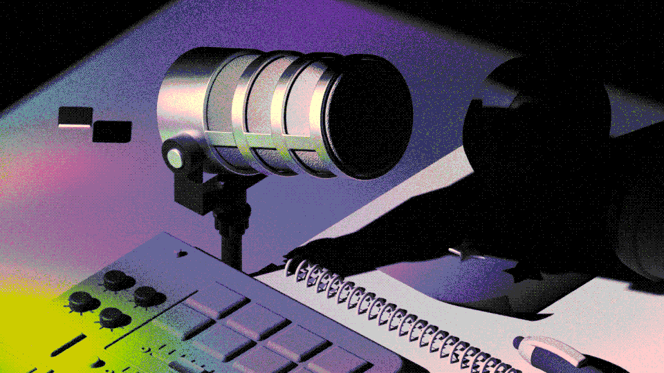 Illustration of a microphone and notebook
