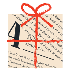 Illustration of a gift box with a newspaper collage pattern representing a gifted article