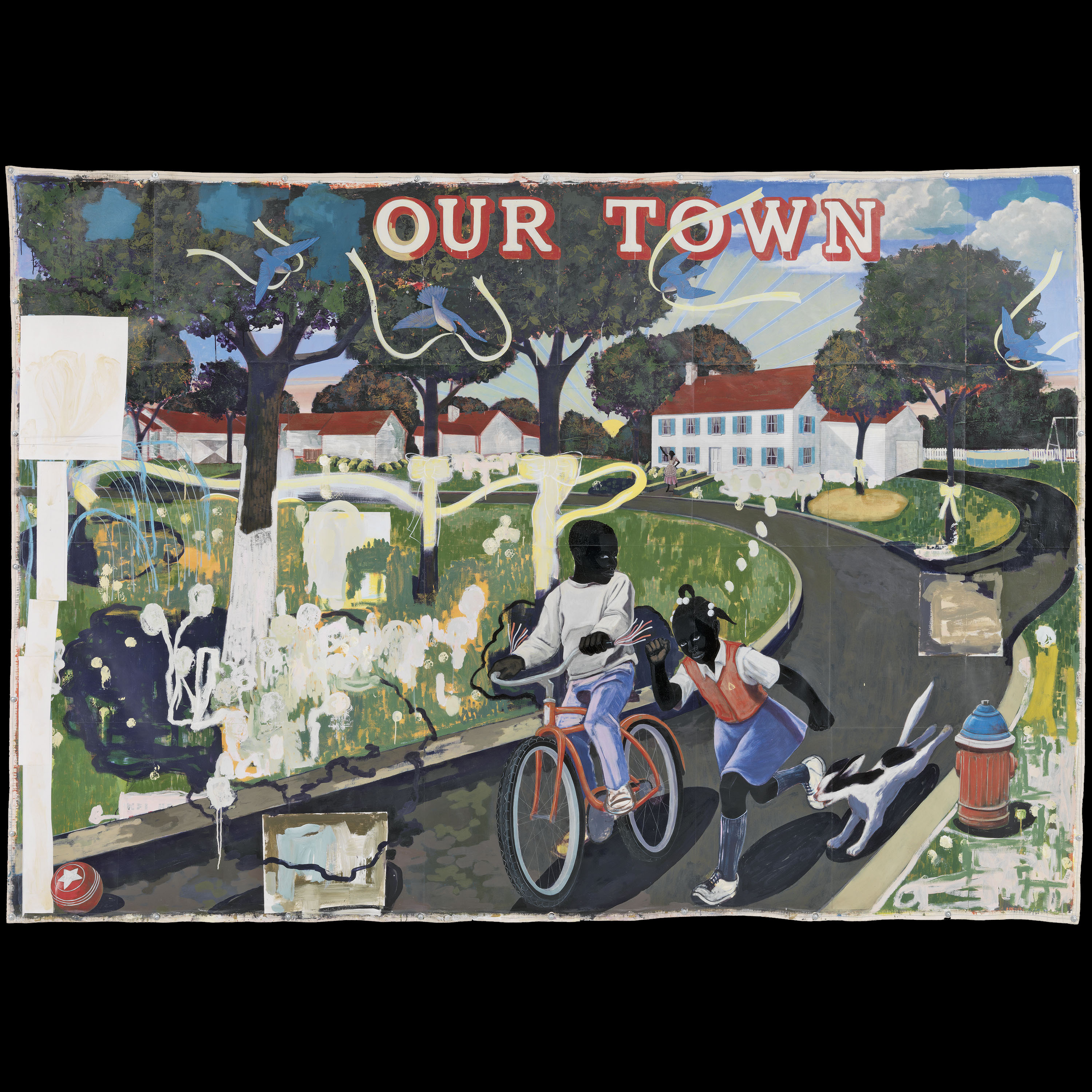 A painting of two Black children on a road, one on a bike and the other running beside him