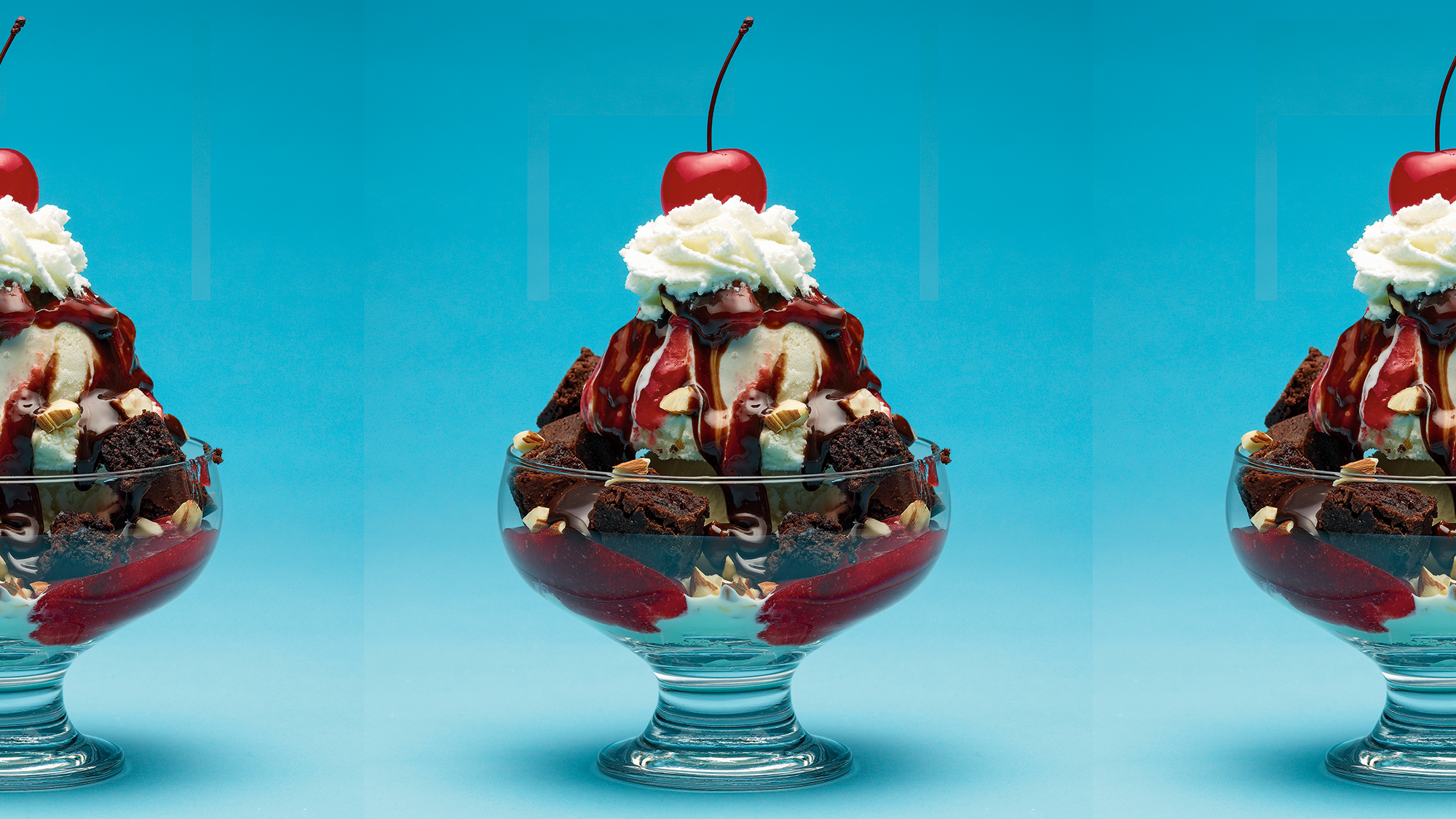 A photograph of a hot-fudge brownie sundae
