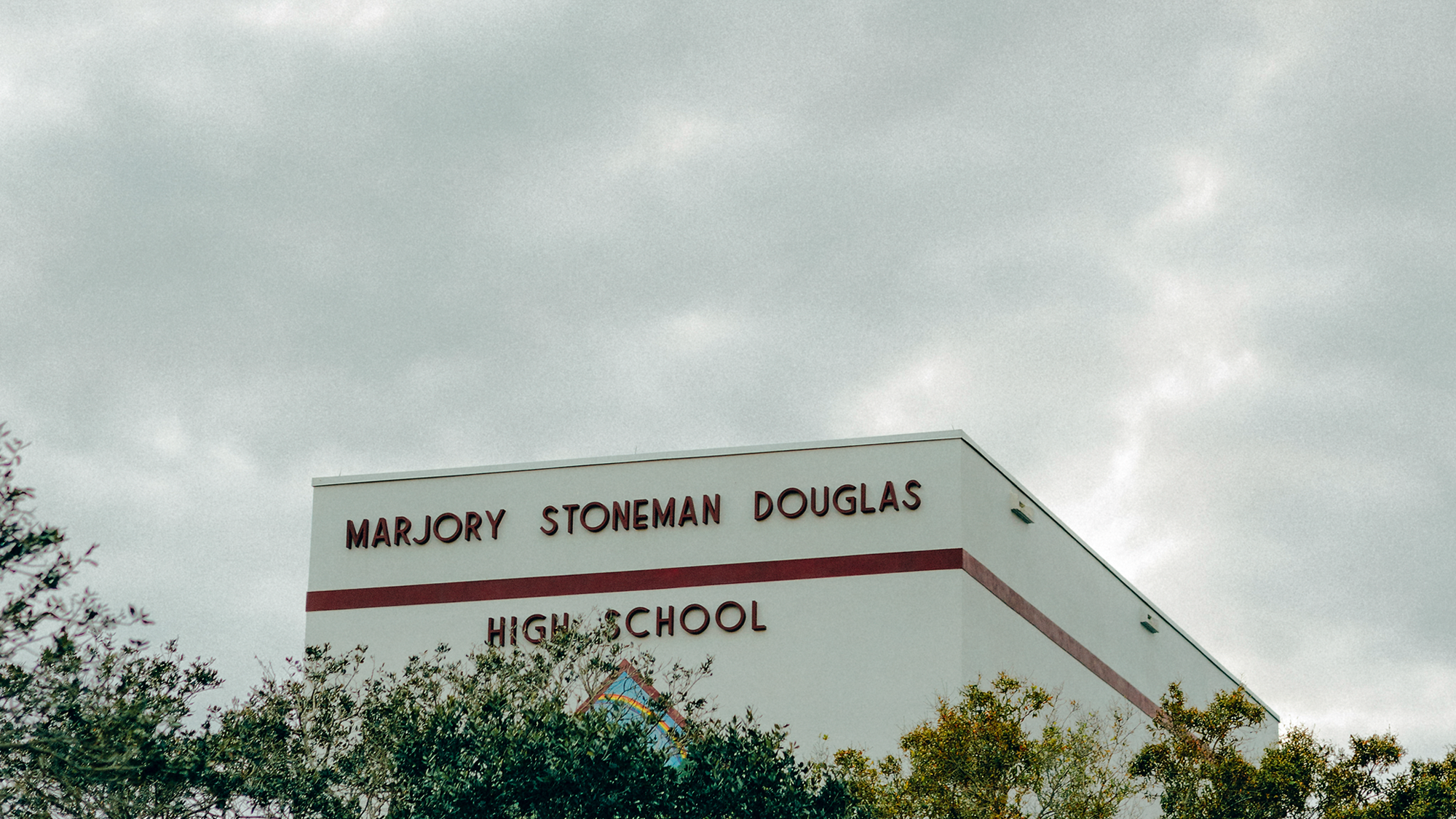 photo of building with "Marjory Stoneman Douglas High School" on it, behind trees against cloudy gray sky