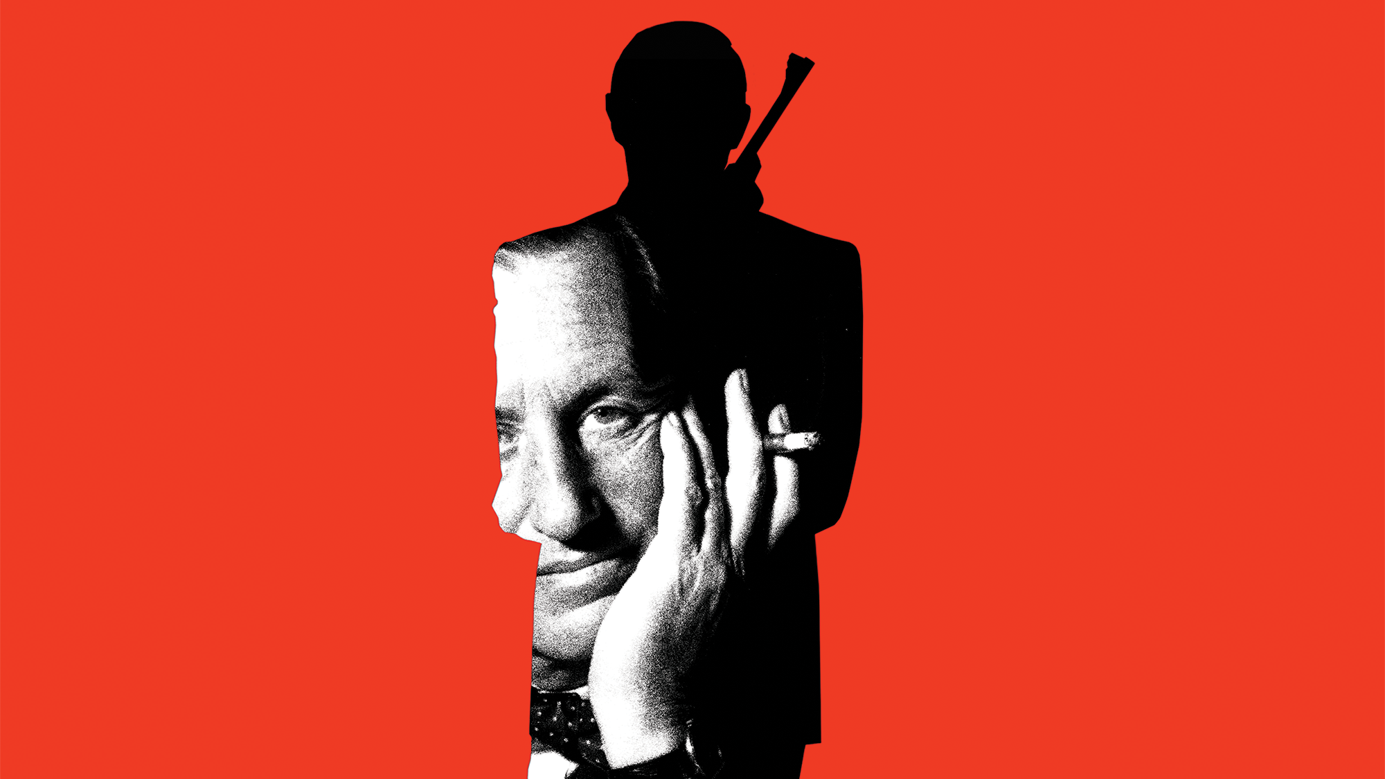 Against a red backdrop, a silhouette of James Bond with black-and-white photo of the author Ian Fleming inside