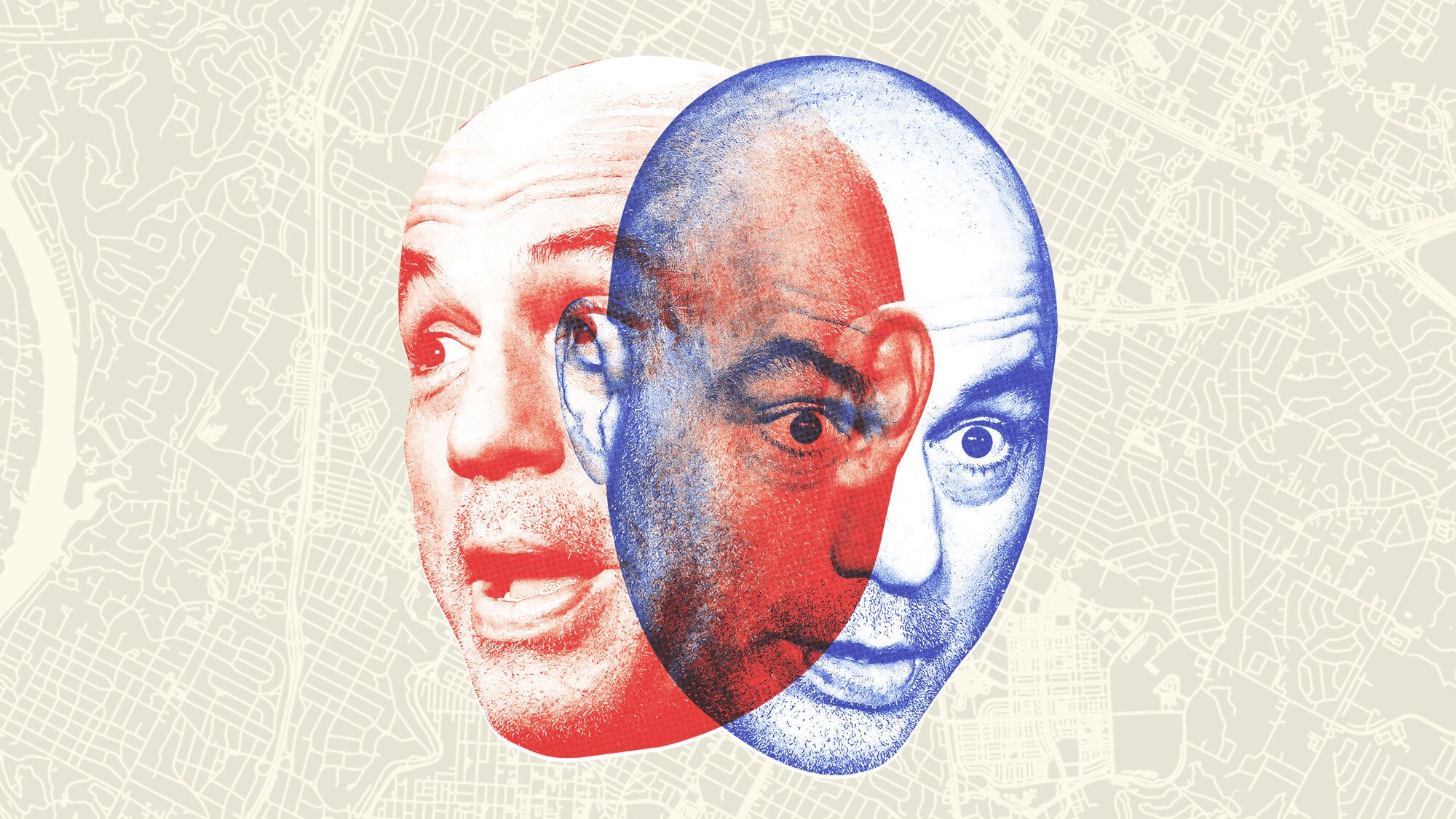 collage of two photos of Joe Rogan's face, one red and one blue, superimposed over a map of the city of Austin, Texas