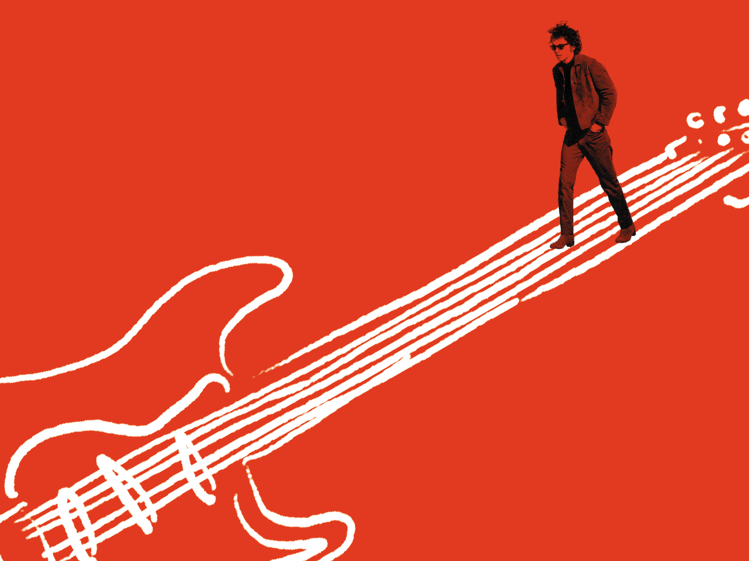 Illustration with black image of Bob Dylan in sunglasses striding down the strings of a white sketch of a guitar on red background