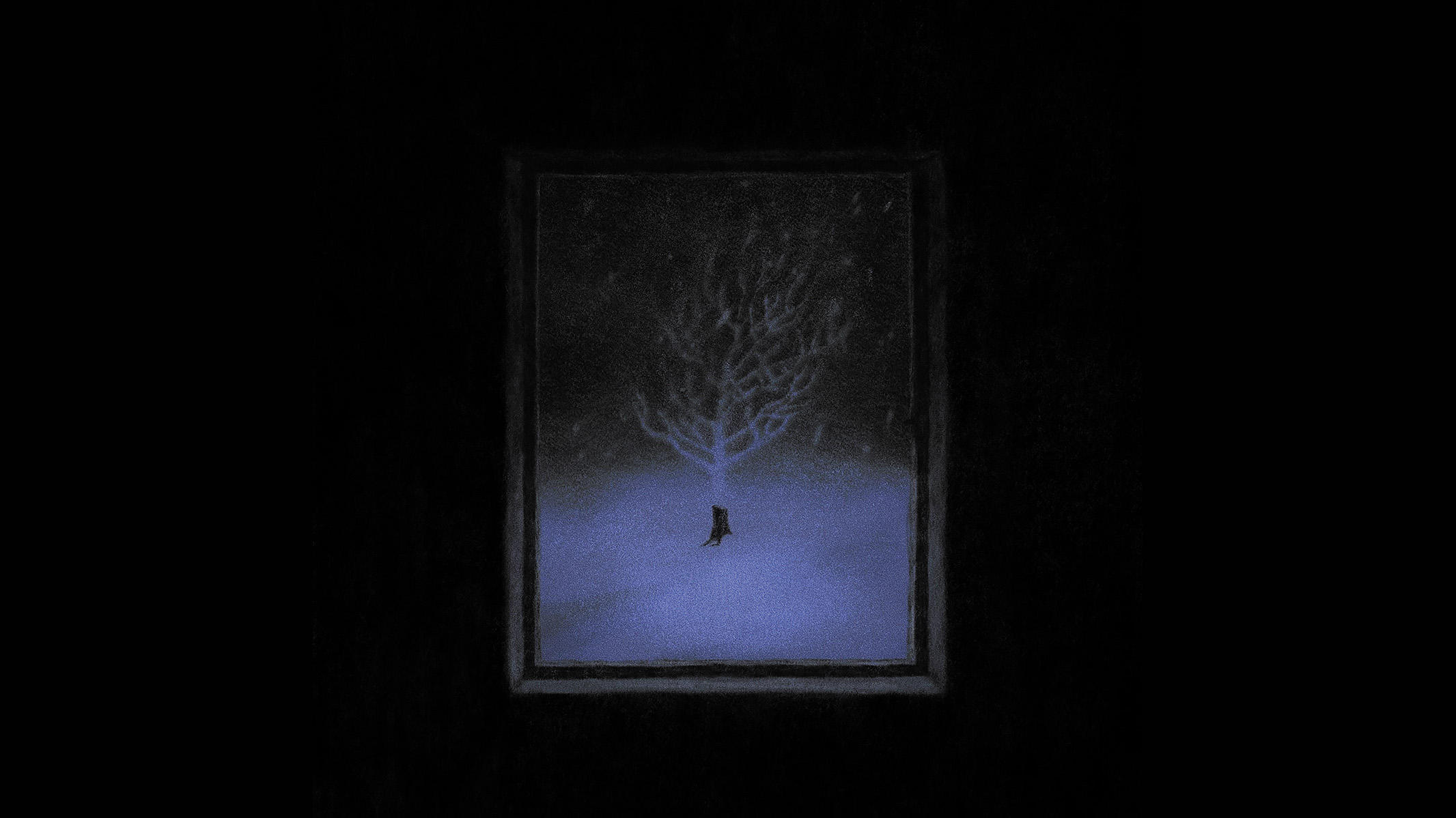 Rectangular image of snowy field at night with black tree trunk, with the ghostly image of a tree rising above it, on a black background