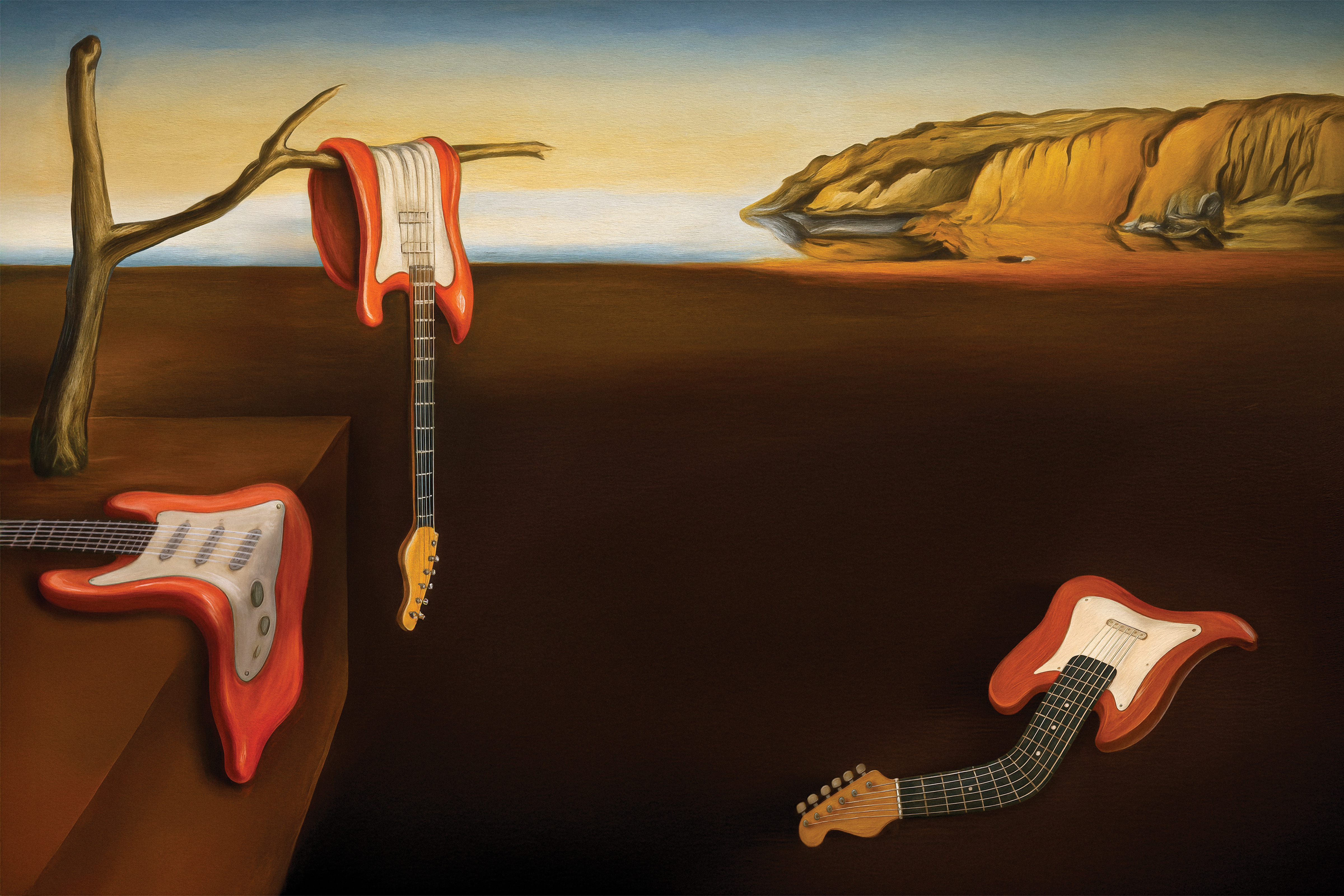 An image showing guitars melting in a dreamy desert landscape