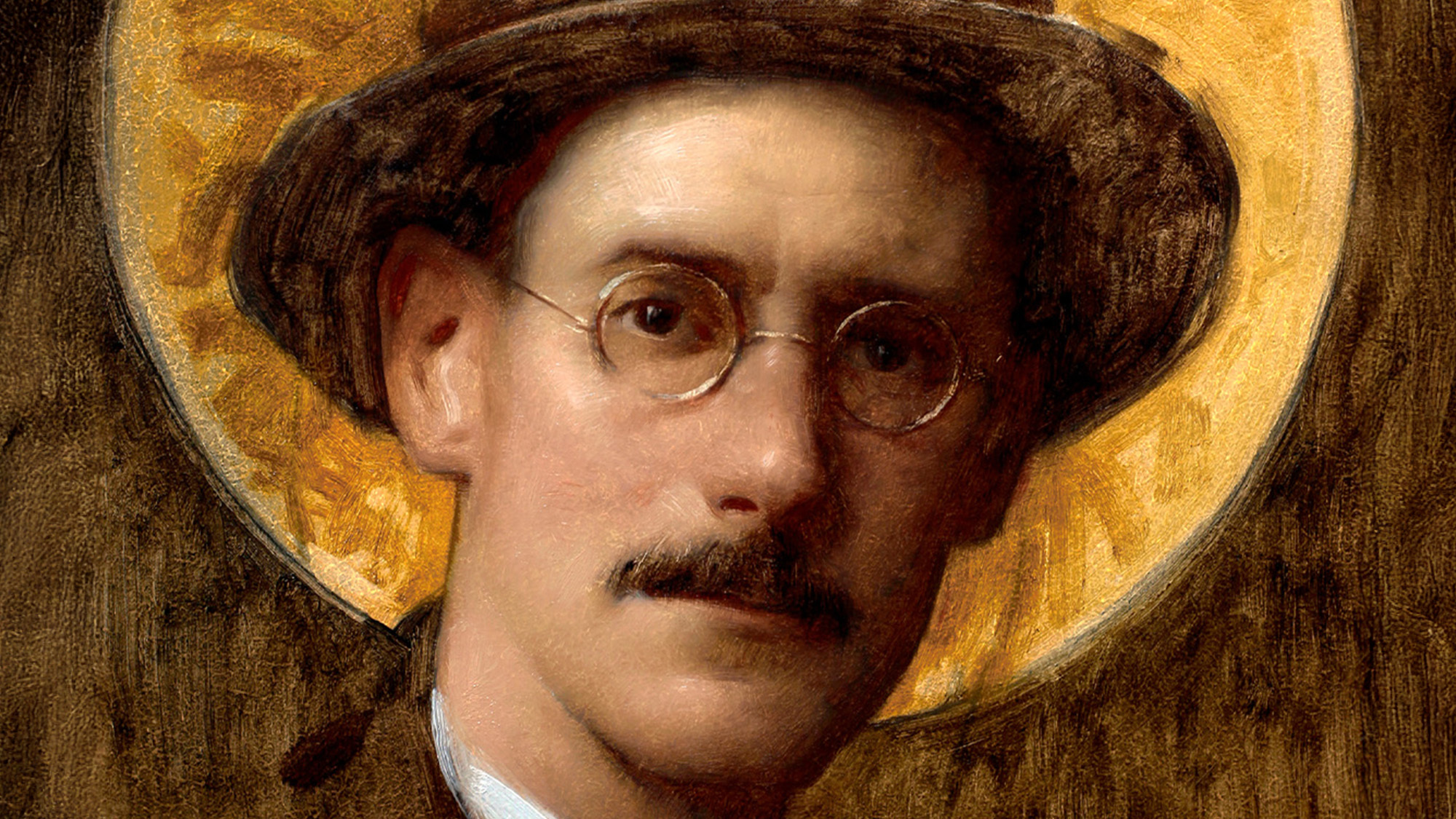 painting-style illustration of Joyce wearing brown hat, round wire spectacles, and brown suit, with golden halo-like circle around his head