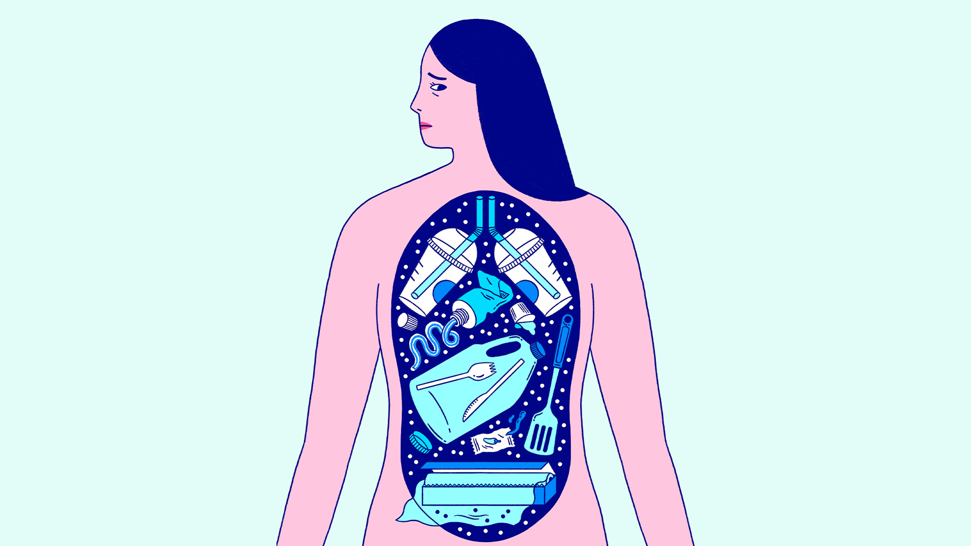 illustration of abstract woman with worried look on her face and cut-away window in her torso showing two coffee cups with straws in place of her lungs, a plastic jug and utensils in place of her stomach, and a spatula, cling wrap, toothpaste tube, and other objects instead of organs